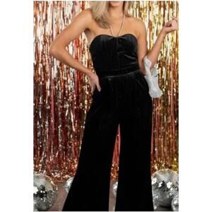 Black Velvet Sparkle Jumpsuit Rhinestone Halter Strap Necklace Flare Leg 70s
